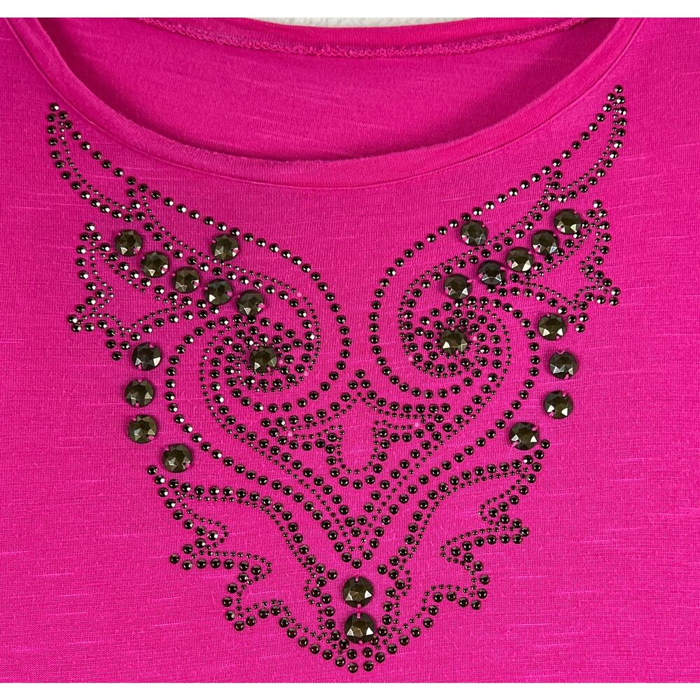 Vibrant Hot Pink Scoop Neck Short Sleeve Studded Tee Shirt Pull On Plus Size